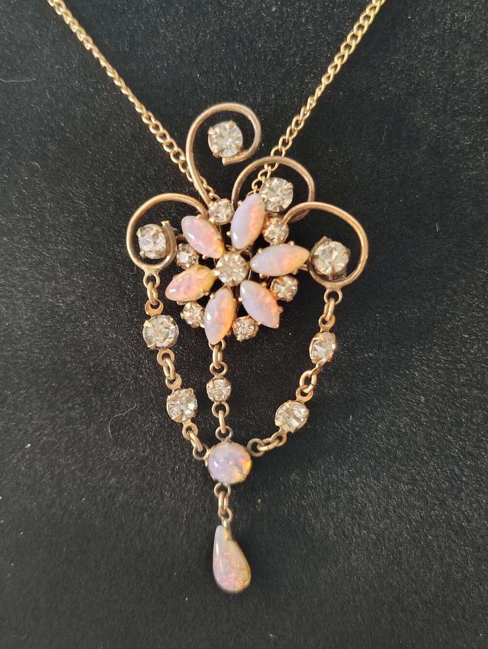 1940s Pink Opal Flower Drop Necklace/Broach